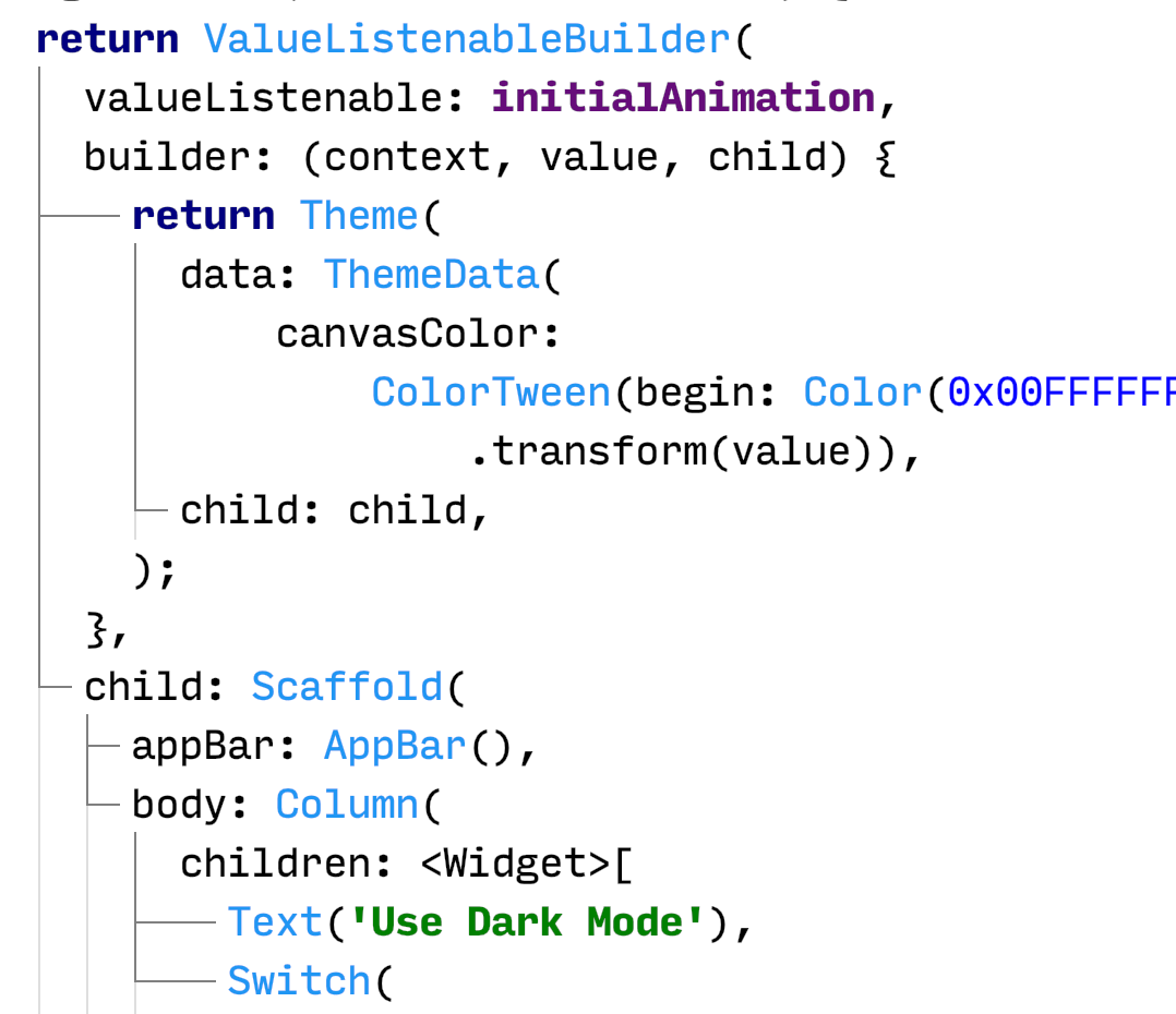 The lines on the left, called UI guides, explicitly visualize the widget tree.